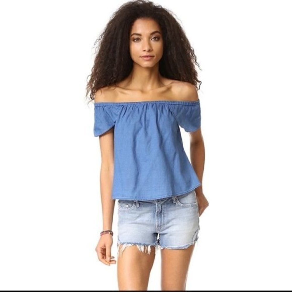 Madewell Indigo Cotton Chambray Off Shoulder Short Sleeve‎ XXS